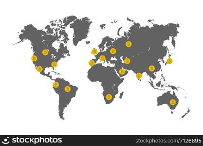 Bitcoin coins on world map. Vector illustration. Bitcoin coins on world map