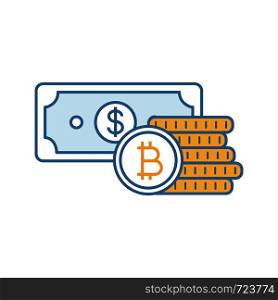 Bitcoin coins stack and dollar banknote color icon. Cryptocurrency investment. Savings. Digital money deposit. Isolated vector illustration. Bitcoin coins stack and dollar banknote color icon