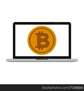 Bitcoin coins with laptop on white back. Bitcoin coins with laptop