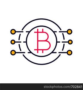 Bitcoin color icon. Virtual currency. Online banking. Bitcoin payment. Contour symbol. Microchip pathways with coin inside. Isolated vector illustration. Bitcoin color icon