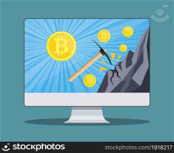 Bitcoin concept. Bitcoin mining concept with monitor, pickaxe, coin and mountain. Vector illustration in flat style. Bitcoin mining concept with monitor,