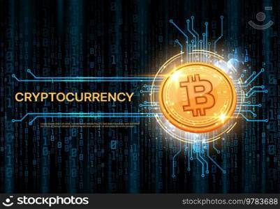 Bitcoin crypto currency banner. Cryptocurrency wallet backdrop or wallpaper, bitcoin mining vector background or banner. Electronic money token cover with golden coin, motherboard track, binary code. Bitcoin crypto currency banner or background