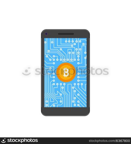 Bitcoin, Crypto Currency, Concept of Mining Digital Money, Bit-Coin and Smart Phone. Bitcoin, Crypto Currency, Concept of Mining Digital Money, Bit-Coin and Smart Phone - Illustration Vector