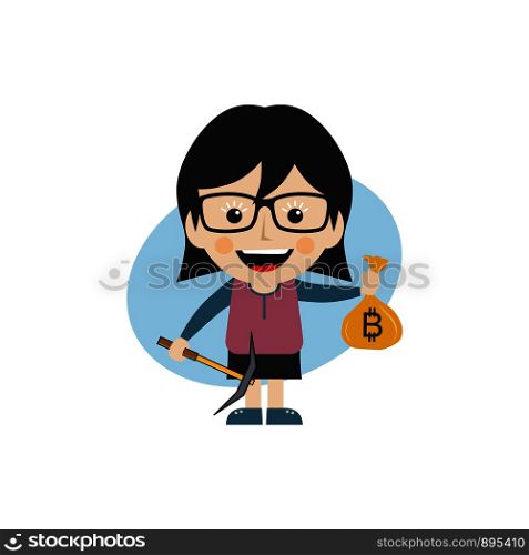 bitcoin crypto currency theme cartoon female woman miner girl vector. bitcoin crypto currency theme cartoon female woman miner girl