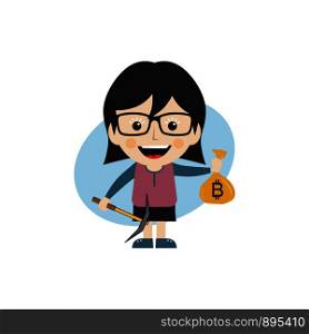 bitcoin crypto currency theme cartoon female woman miner girl vector. bitcoin crypto currency theme cartoon female woman miner girl