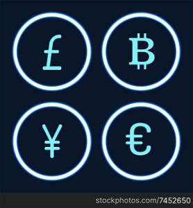 Bitcoin cryptocurrency and yen isolated icons set vector. Virtual money and signs, financial assets pound sterling and euro, Chinese yen in circles. Bitcoin Cryptocurrency and Yen Icons Set Vector