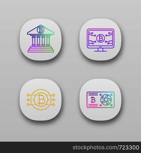 Bitcoin cryptocurrency app icons set. UI/UX user interface. Online banking, bitcoin official web page, graphic card, CPU mining. Web or mobile applications. Vector isolated illustrations. Bitcoin cryptocurrency app icons set