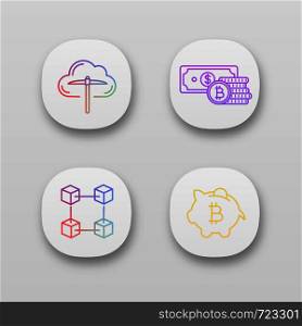 Bitcoin cryptocurrency app icons set. UI/UX user interface. Cloud mining, savings, blockchain, piggy bank. Web or mobile applications. Vector isolated illustrations. Bitcoin cryptocurrency app icons set