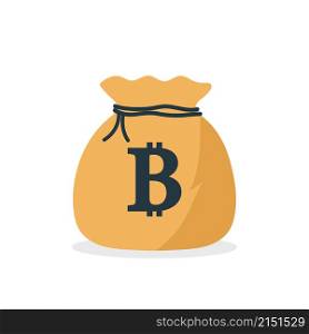 Bitcoin cryptocurrency. Bag with bitcoin money. Symbol of bitcoin. Icon of moneybag with cryptocurrency isolated on white background. Finance sign. Vector.