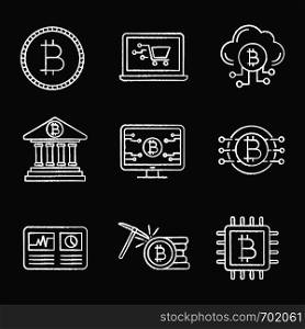 Bitcoin cryptocurrency chalk icons set. Coin, online shopping, cloud mining, banking, bitcoin webpage, hashrate, CPU mining, cryptocurrency. Isolated vector chalkboard illustrations. Bitcoin cryptocurrency chalk icons set