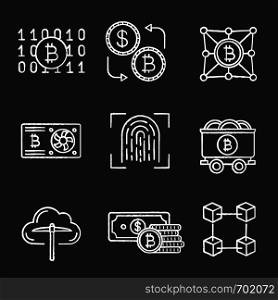 Bitcoin cryptocurrency chalk icons set. Graphic card, bitcoin exchange, binary code, fingerprint scan, mine cart, cloud mining, money, blockchain, fintech. Isolated vector chalkboard illustrations. Bitcoin cryptocurrency chalk icons set