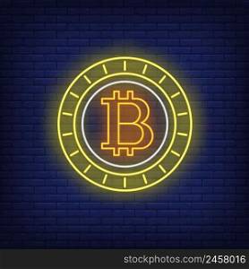 Bitcoin cryptocurrency coin neon sign. Crypto currency, blockchain, money design. Night bright neon sign, colorful billboard, light banner. Vector illustration in neon style.