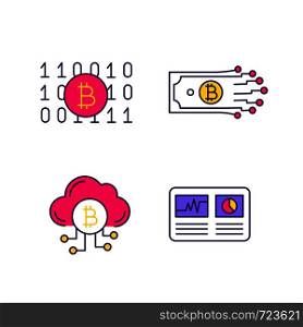 Bitcoin cryptocurrency color icons set. Binary code, digital money, cloud mining, hashrate. Isolated vector illustrations. Bitcoin cryptocurrency color icons set