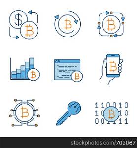 Bitcoin cryptocurrency color icons set. Bitcoin exchange, fintech, market growth chart, mining software, digital wallet, key, binary code. Isolated vector illustrations. Bitcoin cryptocurrency color icons set