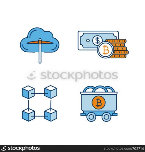 Bitcoin cryptocurrency color icons set. Cloud mining, savings, blockchain, mine cart with bitcoin coins. Isolated vector illustrations. Bitcoin cryptocurrency color icons set