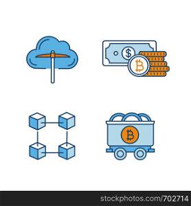 Bitcoin cryptocurrency color icons set. Cloud mining, savings, blockchain, mine cart with bitcoin coins. Isolated vector illustrations. Bitcoin cryptocurrency color icons set