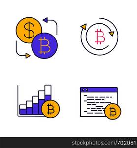 Bitcoin cryptocurrency color icons set. Currency exchange, bitcoin refund, market growth chart, mining software. Isolated vector illustrations. Bitcoin cryptocurrency color icons set