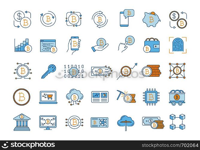 Bitcoin cryptocurrency color icons set. Digital money. Crypto currency. Mining business. Bitcoin trading. Isolated vector illustrations. Bitcoin cryptocurrency color icons set