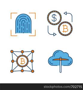 Bitcoin cryptocurrency color icons set. Fingerprint scanning, cloud mining, currency exchange, bitcoin network. Isolated vector illustrations. Bitcoin cryptocurrency color icons set