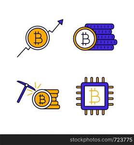 Bitcoin cryptocurrency color icons set. Market growth chart, bitcoin coins stack, mining, microchip. Isolated vector illustrations. Bitcoin cryptocurrency color icons set