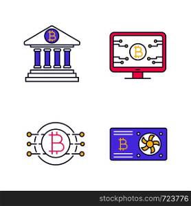 Bitcoin cryptocurrency color icons set. Online banking, bitcoin official web page, graphic card, CPU mining. Isolated vector illustrations. Bitcoin cryptocurrency color icons set
