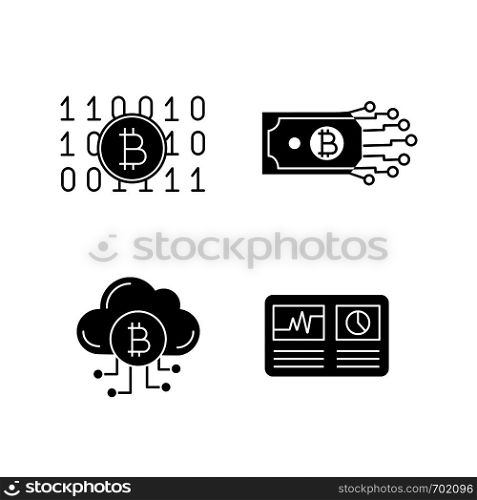 Bitcoin cryptocurrency glyph icons set. Binary code, digital money, cloud mining, hashrate. Silhouette symbols. Vector isolated illustration. Bitcoin cryptocurrency glyph icons set