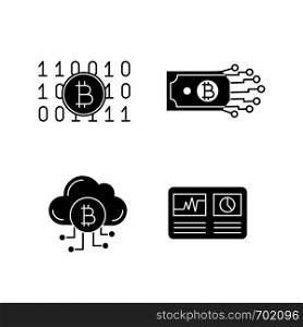 Bitcoin cryptocurrency glyph icons set. Binary code, digital money, cloud mining, hashrate. Silhouette symbols. Vector isolated illustration. Bitcoin cryptocurrency glyph icons set