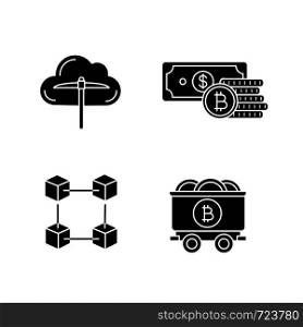 Bitcoin cryptocurrency glyph icons set. Cloud mining, savings, blockchain, mine cart with bitcoin coins. Silhouette symbols. Vector isolated illustration. Bitcoin cryptocurrency glyph icons set