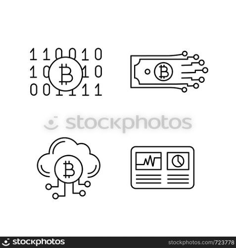 Bitcoin cryptocurrency linear icons set. Binary code, digital money, cloud mining, hashrate. Thin line contour symbols. Isolated vector outline illustrations. Editable stroke. Bitcoin cryptocurrency linear icons set