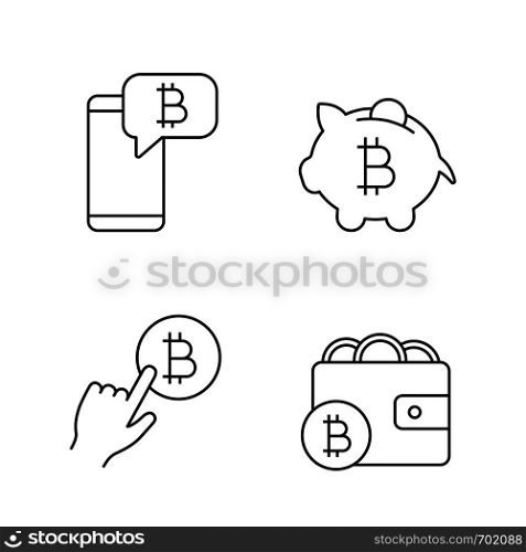 Bitcoin cryptocurrency linear icons set. Bitcoin chat, piggy bank, cryptocurrency payment click, digital wallet. Thin line contour symbols. Isolated vector outline illustrations. Editable stroke. Bitcoin cryptocurrency linear icons set
