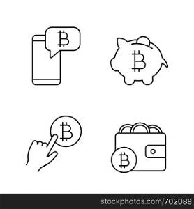 Bitcoin cryptocurrency linear icons set. Bitcoin chat, piggy bank, cryptocurrency payment click, digital wallet. Thin line contour symbols. Isolated vector outline illustrations. Editable stroke. Bitcoin cryptocurrency linear icons set