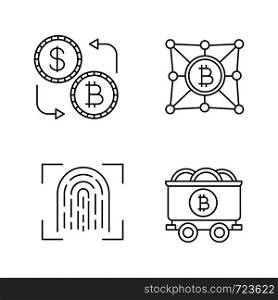 Bitcoin cryptocurrency linear icons set. Currency exchange, fingerprint scanning, mine cart with bitcoin coins. Thin line contour symbols. Isolated vector outline illustrations. Editable stroke. Bitcoin cryptocurrency linear icons set