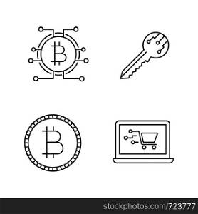 Bitcoin cryptocurrency linear icons set. Digital key, bitcoin with microchip pathway, coin, online shopping. Thin line contour symbols. Isolated vector outline illustrations. Editable stroke. Bitcoin cryptocurrency linear icons set