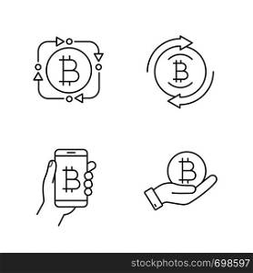 Bitcoin cryptocurrency linear icons set. Fintech, bitcoin refund, digital wallet, coin in hand. Thin line contour symbols. Isolated vector outline illustrations. Editable stroke. Bitcoin cryptocurrency linear icons set