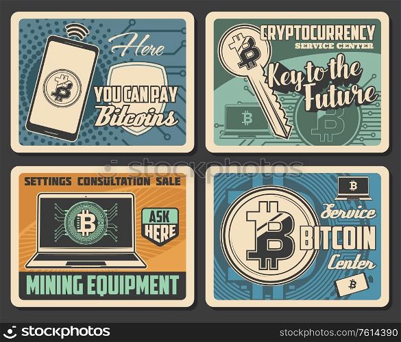 Bitcoin cryptocurrency mining vector design of digital money exchange, blockchain wallet and bit coin trade. Network business payment transactions, mining farm equipment, laptop computer, mobile phone. Bitcoin mining. Cryptocurrency and digital money