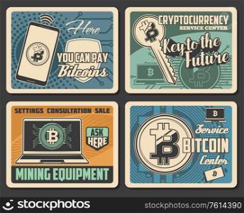 Bitcoin cryptocurrency mining vector design of digital money exchange, blockchain wallet and bit coin trade. Network business payment transactions, mining farm equipment, laptop computer, mobile phone. Bitcoin mining. Cryptocurrency and digital money