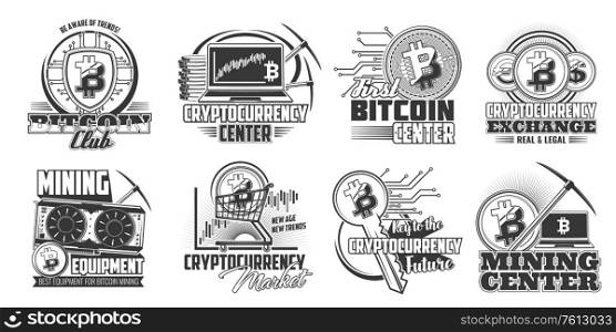 Bitcoin cryptocurrency mining vector icons. Monochrome digital trade service center, currency and exchange isolated symbols. Bitcoin mining equipment and technology icons. Bitcoin cryptocurrency mining vector icons
