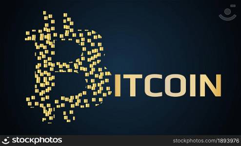 Bitcoin cryptocurrency name concept with logo made of small golden blocks. Design element for website or application. Vector EPS 10.