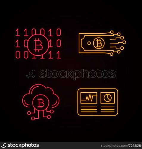 Bitcoin cryptocurrency neon light icons set. Binary code, digital money, cloud mining, hashrate. Glowing signs. Vector isolated illustrations. Bitcoin cryptocurrency neon light icons set