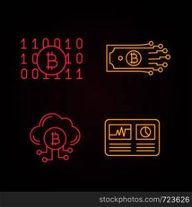 Bitcoin cryptocurrency neon light icons set. Binary code, digital money, cloud mining, hashrate. Glowing signs. Vector isolated illustrations. Bitcoin cryptocurrency neon light icons set