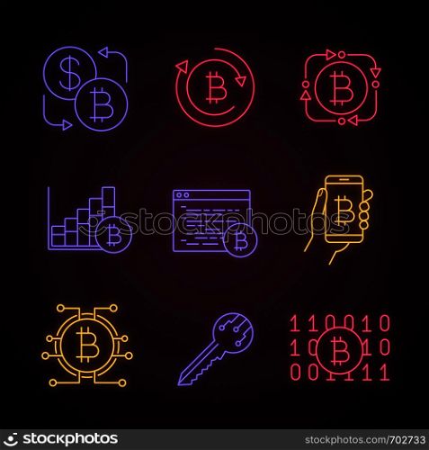 Bitcoin cryptocurrency neon light icons set. Bitcoin exchange, fintech, market growth chart, mining software, digital wallet, key, binary code. Glowing signs. Vector isolated illustrations. Bitcoin cryptocurrency neon light icons set