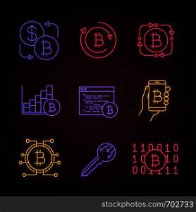 Bitcoin cryptocurrency neon light icons set. Bitcoin exchange, fintech, market growth chart, mining software, digital wallet, key, binary code. Glowing signs. Vector isolated illustrations. Bitcoin cryptocurrency neon light icons set