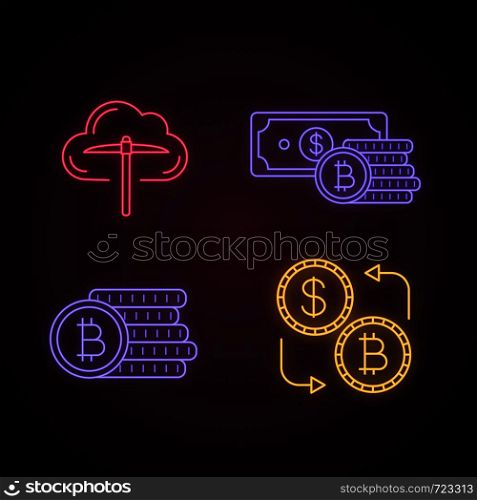 Bitcoin cryptocurrency neon light icons set. Cloud mining, savings, blockchain, bitcoin and dollar exchange. Glowing signs. Vector isolated illustrations. Bitcoin cryptocurrency neon light icons set