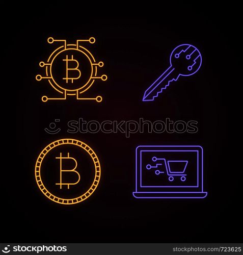 Bitcoin cryptocurrency neon light icons set. Digital key, bitcoin with microchip pathway, coin, online shopping. Glowing signs. Vector isolated illustrations. Bitcoin cryptocurrency neon light icons set
