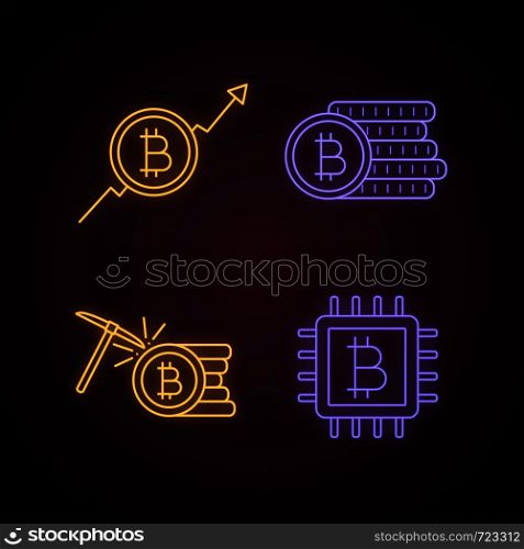 Bitcoin cryptocurrency neon light icons set. Market growth chart, bitcoin coins stack, mining, microchip. Glowing signs. Vector isolated illustrations. Bitcoin cryptocurrency neon light icons set