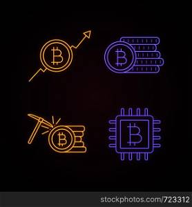 Bitcoin cryptocurrency neon light icons set. Market growth chart, bitcoin coins stack, mining, microchip. Glowing signs. Vector isolated illustrations. Bitcoin cryptocurrency neon light icons set