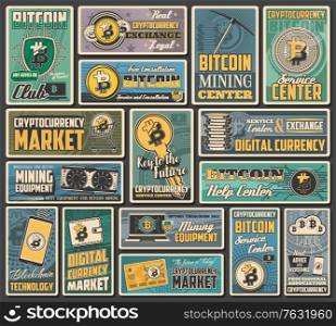 Bitcoin cryptocurrency retro banners of vector digital money exchange, blockchain transaction and crypto currency mining. Network financial technologies, digital wallet, laptop computer, mobile phone. Bitcoin cryptocurrency digital money retro banners