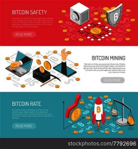 Bitcoin cryptocurrency secure transactions and mining 3 horizontal isometric banners set with money raising  symbol vector illustration . Bitcoin Rate Safety Isometric Banners 