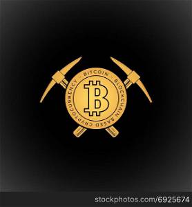 Bitcoin currency mining logo sign. vector yellow color design crossed mining picks with gold coin crypto currency sign bitcoin logo template illustration isolated dark background