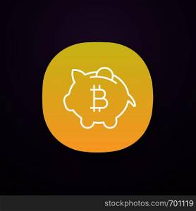 Bitcoin deposit app icon. Penny piggy bank with bitcoin. Cryptocurrency mining. UI/UX user interface. Web or mobile application. Saving digital money. Vector isolated illustration. Bitcoin deposit app icon